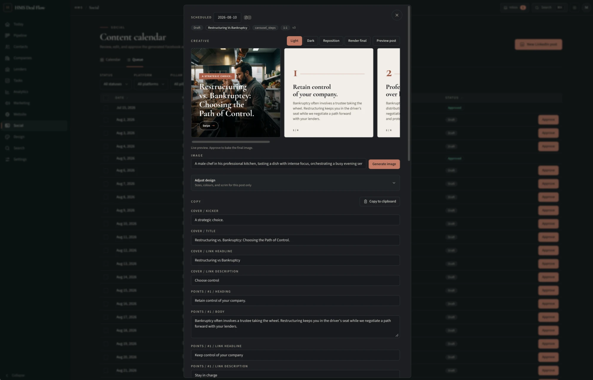 Content calendar and creative editor showing a generated social post ready for approval