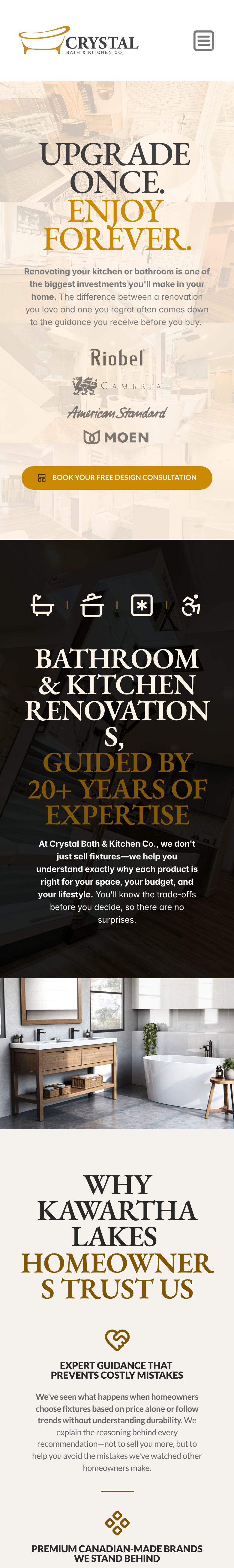 Crystal Bath & Kitchen homepage on a phone
