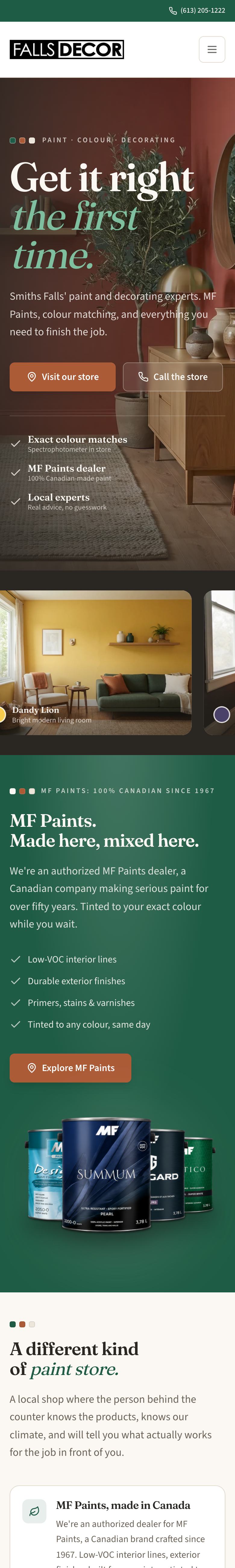 Falls Decor homepage on a phone